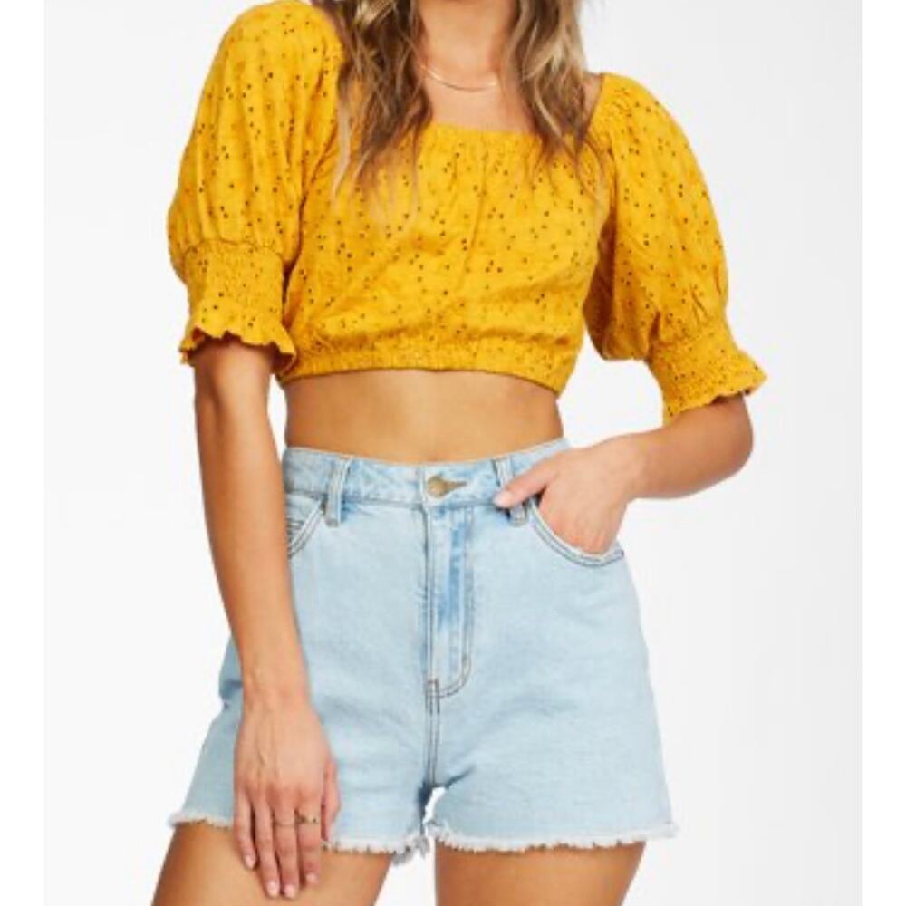 Billabong Womens S Summer Girl Crop Top Sunkissed Yellow‎ Embroidered Eyelet